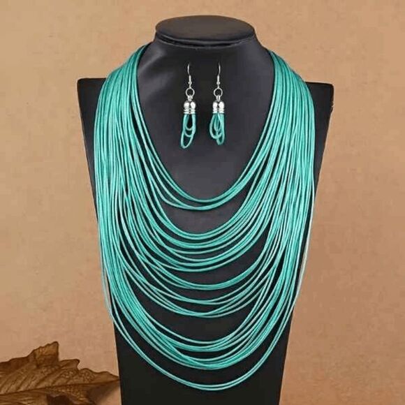 Multi-Layer Turquoise Colored Necklace Earring Jewelry Set - Picture 1 of 3